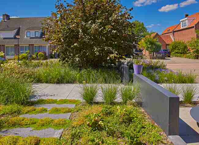 een ruime en functionele voortuin met onderhoudsvriendelijke beplanting