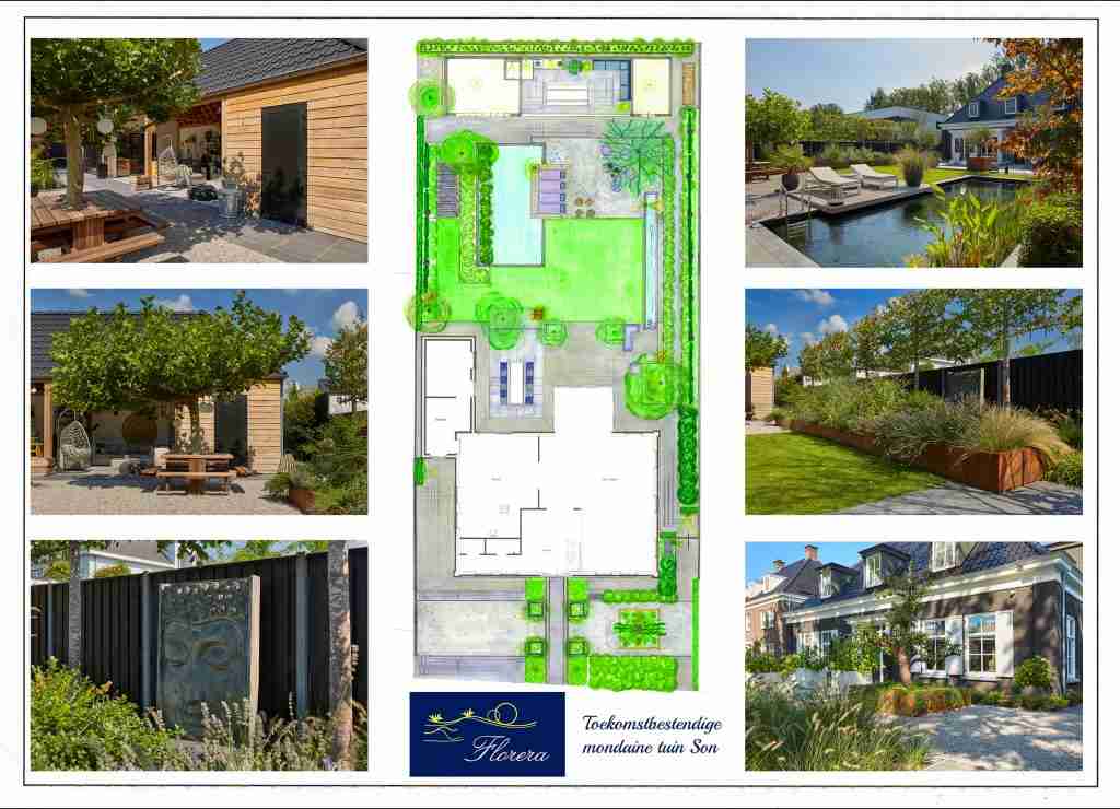 zwemvijver met tuinhuis in toekomstbestendige mondaine tuin Son-florera.nl